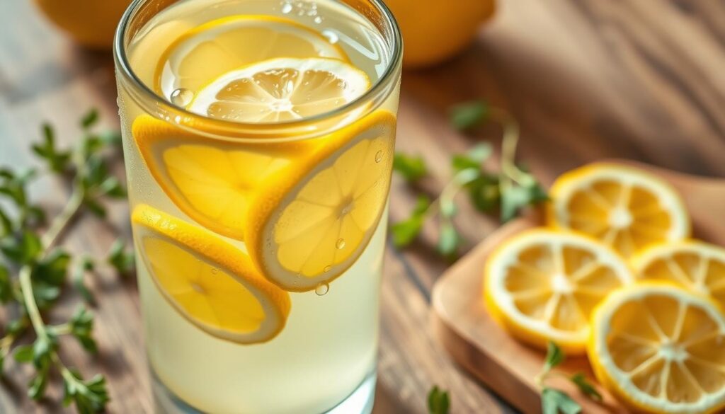 A bright and refreshing glass of lemon water, condensation glistening on the clear container. Sliced lemons float amidst the pale yellow liquid, their vibrant rinds reflecting the warm natural light. The glass is placed on a rustic wooden table, surrounded by fresh herbs and a cutting board with additional lemon wedges. The scene conveys a sense of health, vitality and balance, inviting the viewer to experience the benefits of this simple yet powerful elixir. Soft, diffused lighting highlights the clarity and purity of the water, while the overall composition emphasizes the natural goodness of this hydrating beverage.