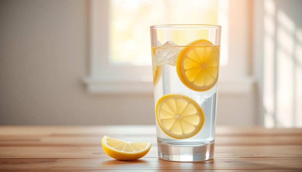 A crystal clear glass filled with refreshing lemon-infused water, sitting on a wooden table against a soft, natural background. Sunlight filters through a window, casting a warm, inviting glow on the scene. The vibrant yellow slices of lemon add a zesty pop of color, complementing the tranquil atmosphere. The water glistens, reflecting the morning light, hinting at the revitalizing properties of this popular health trend. A simple, yet elegant composition that captures the essence of the "Zitronenwasser am Morgen" experience.