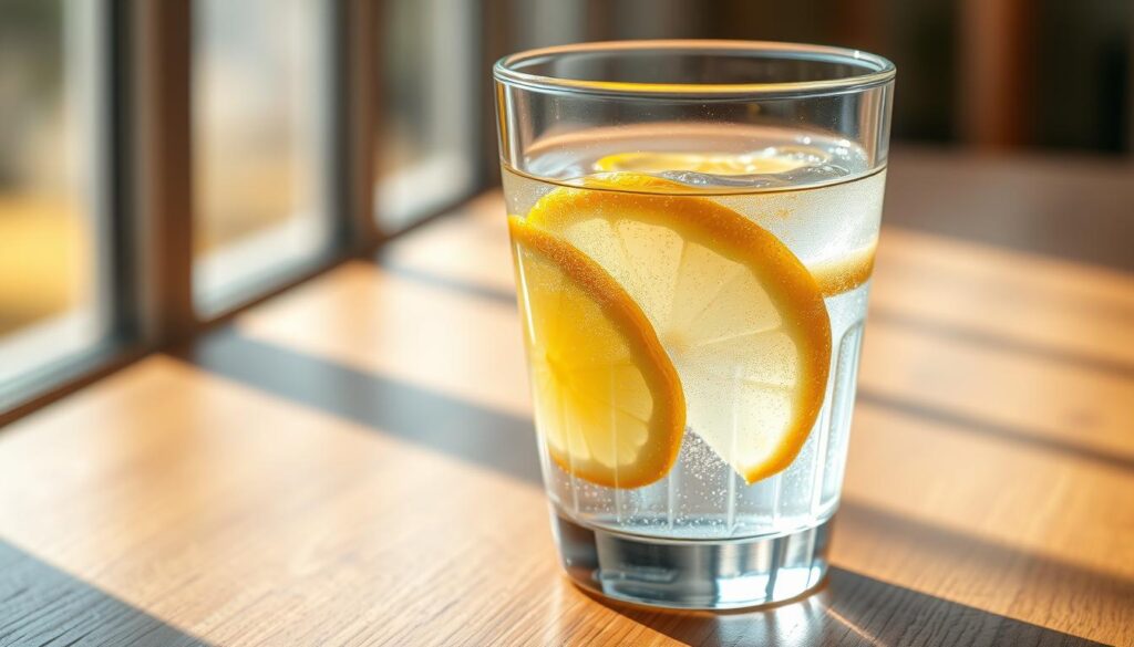 A glass filled with clear, sparkling lemon water sits on a wooden table, illuminated by soft, natural lighting from a nearby window. The water's surface reflects the golden hue of lemon slices floating gently within, their vibrant citrus tones contrasting beautifully against the transparent liquid. The setting evokes a sense of refreshment and purity, inviting the viewer to experience the revitalizing properties of this simple, yet flavorful beverage. The overall composition showcases the simplicity and allure of this quintessential health tonic.