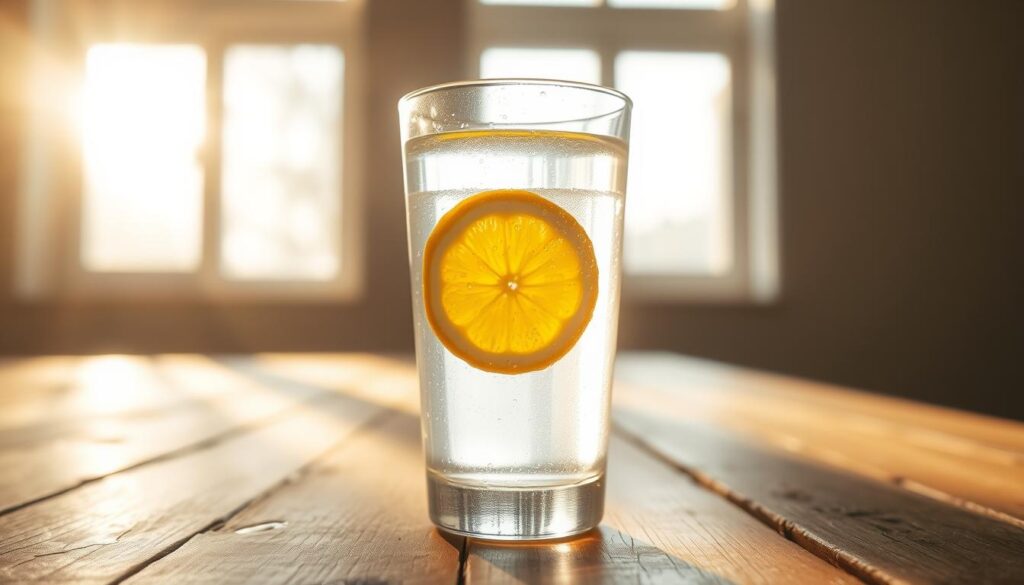 A glass of freshly squeezed lemon water stands on a rustic wooden table, bathed in the soft, warm glow of morning sunlight streaming through a nearby window. The vibrant yellow lemon wedge floating on the surface creates a captivating contrast against the crystal clear liquid. Drops of condensation cling to the glass, hinting at the refreshing coolness within. The serene, minimalist scene evokes a sense of simplicity and wellness, inviting the viewer to take a moment to savor the rejuvenating properties of this humble, yet powerful elixir.