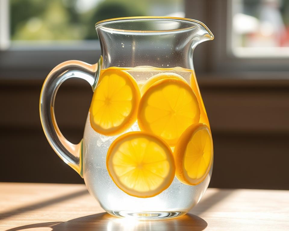 A glass pitcher filled with clear, refreshing lemon water. Slices of ripe, vibrant yellow lemons float atop the gently rippling surface, their zest infusing the liquid with a tangy aroma. Bright natural sunlight streams in through a window, casting a warm, golden glow and highlighting the pitcher's simple, elegant form. The overall scene conveys a sense of purity, vitality and effortless, healthy hydration.