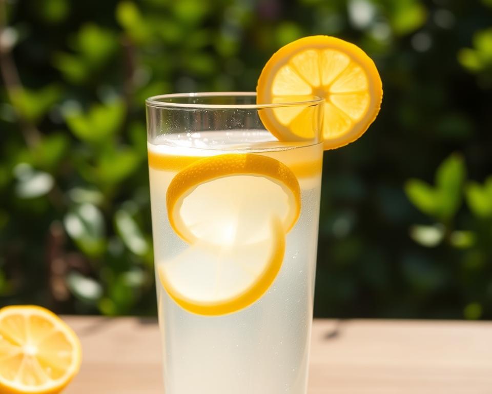 A sun-drenched glass filled with refreshing lemon water, its vibrant yellow hue catching the warm light. Slices of fresh lemon float atop the clear liquid, casting soft shadows. The image exudes a sense of health and vitality, with the glass positioned prominently in the foreground. In the background, a natural setting of greenery and foliage creates a soothing, serene atmosphere. The lighting is soft and diffused, highlighting the purity and transparency of the lemon water. The composition is balanced and inviting, drawing the viewer's attention to the beneficial properties of this simple, yet nourishing beverage.