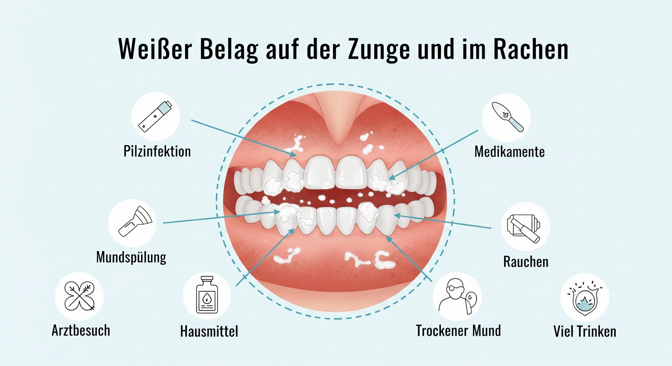 Mögliche Gründe für weißen Belag auf der Zunge und im Rachen Belag auf Zunge und Rachen